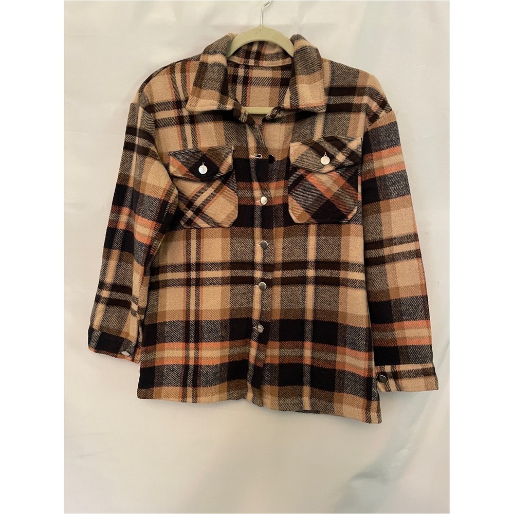 Cozy Plaid Button Front Shacket in Beige Black Rust jacket no brand
